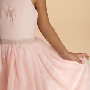 Vestido de ceremonia bicolor con tirantes y flor para niña 