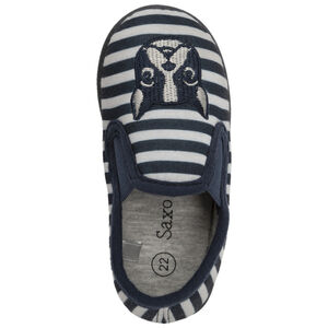 Patucos de terciopelo con rayas y motivo de bulldog para bebé niño 