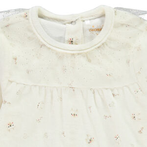 Pelele de terciopelo estampado de reinas y cuello de tul para bebé niña con aberturas diferentes según la edad.  Main Pelele de terciopelo estampado de reinas y cuello de tul para bebé niña con aberturas diferentes según la edad.