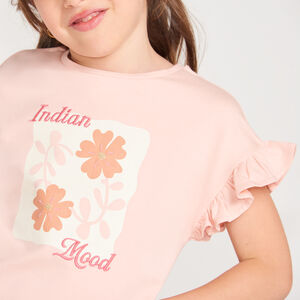 Camiseta de manga corta con volantes y estampado floral para niña 