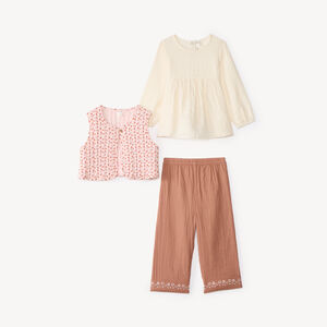 Conjunto de 3 piezas para bebé niña: blusa + pantalón + chaleco sin mangas con flores. 