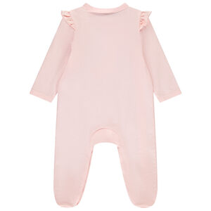 Pelele rosa fantasía con estampado y volantes para niña. 