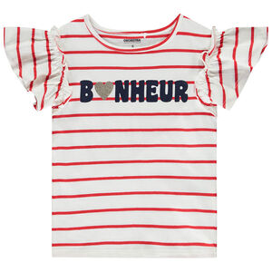 Camiseta de manga corta rayada con volantes para niña 