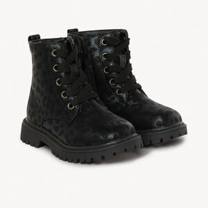 Bottillons noirs à lacet et zip imprimé léopard pour fille  