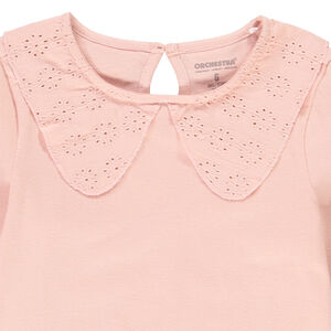 Camiseta de manga larga con cuello claudine y bordado inglés para niña 
