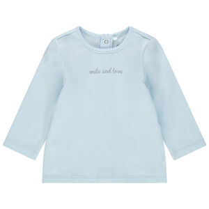 T-shirt manches longues en coton bio à message printé bleu ciel 