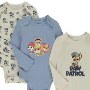 Pack de 3 bodies de manga larga Patrulla Canina para bebé niño con diferentes aperturas según la edad. 