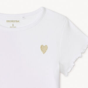 Camiseta de manga corta de punto acanalado con bordado de corazón para niña 
