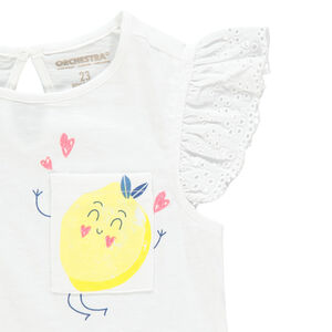 Camiseta de manga corta con volantes y bolsillo estampado 