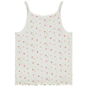 Camiseta de tirantes de canalé con festón y estampado fantasía niña 