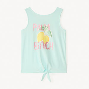 Camiseta sin mangas con efecto anudado y estampado brillante para niña 