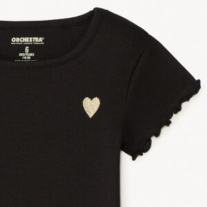 Camiseta de manga corta de punto acanalado con corazón bordado para niña 