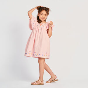 Vestido de rayas y bordado de manga corta para niña  Main Vestido de rayas y bordado de manga corta para niña