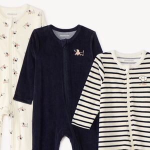 Conjunto de 3 pijamas para bebé niño de terciopelo con cremallera y estampado de dachshund. 