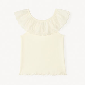 Camiseta sin mangas lisa de punto canalé con cuello volante de bordado inglés para bebé niña 