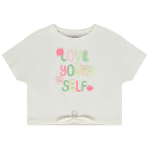 Camiseta manga corta con nudos y parches de rizo niña 