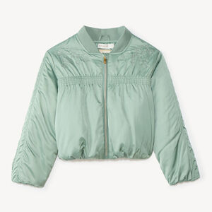 Chaqueta bomber para niña de tela con bordado floral. 