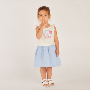 Robe sin mangas 2 en 1 con estampado divertido y falda a rayas para niña bebé. 