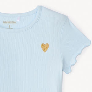 Camiseta de manga corta de punto acanalado con corazón bordado niña 