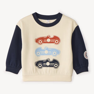 Sudadera oversize para bebé niño bicolor con estampado de coches de carrera. 