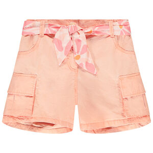 Short liso en tela con bolsillos cargo y cinturón para anudar para niña 