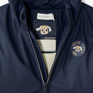 Parka de goma para bebé niño forrada de micropolar con capucha con orejas. 