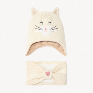 Set en tricot bonnet ludique chat + snood pour bébé fille  Main Set en tricot bonnet ludique chat + snood pour bébé fille