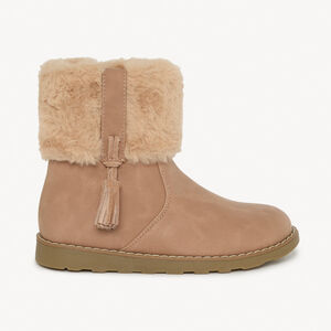 Botines rosa viejo con cremallera y forro de piel + pompón para niña 