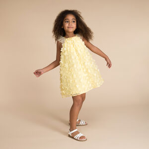 Vestido liso de tul y satén con pequeñas flores en 3D para niña  Main Vestido liso de tul y satén con pequeñas flores en 3D para niña