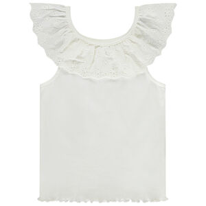 Camiseta sin mangas lisa de punto canalé con cuello volante de bordado inglés para bebé niña 