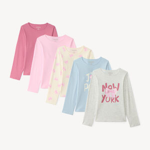Pack de 5 camisetas de manga larga para niña con estampados divertidos 