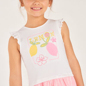 Réplica de vestido 2 en 1 con estampado de limón para niña. 