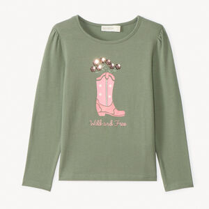 T-shirt manches longues print santiags et broderie pour fille   Main T-shirt manches longues print santiags et broderie pour fille