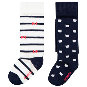 Pack de 2 medias gruesas a rayas con estampado de gatos para bebé niña 