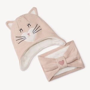 Set en tricot bonnet ludique chat + snood pour bébé fille  Main Set en tricot bonnet ludique chat + snood pour bébé fille