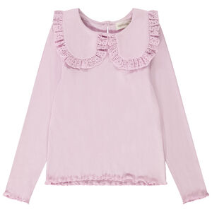 Camiseta de manga larga de punto acanalado con cuello Peter Pan bordado para niña 