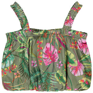 Top corto efecto bola estampado tropical para niña 