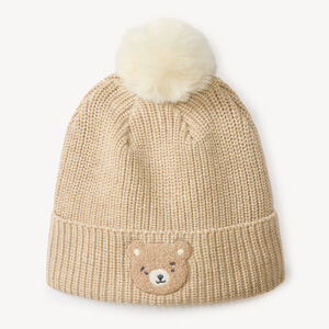 Gorro de bebé con pompom y bordado de cabeza de oso 