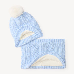 Ensemble bonnet et snood fille en tricot à torsades avec pompon 