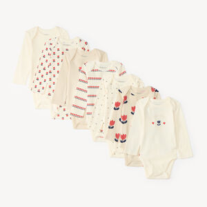 Conjunto de 7 bodies de manga larga para niña con diseño de tulipanes. 