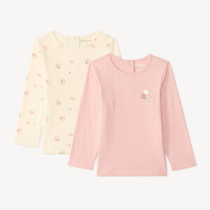 Conjunto de 2 camisetas de manga larga para niña, una lisa y otra estampada. 