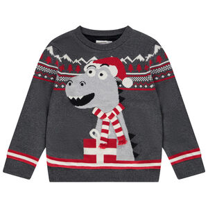 Suéter de Papá Noel en tejido de punto con imagen de dinosaurio en jacquard para niño Main Suéter de Papá Noel en tejido de punto con imagen de dinosaurio en jacquard para niño