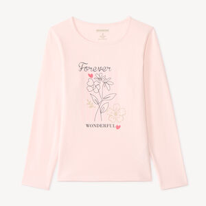 Camiseta de manga larga para niña con estampado fantasía y purpurina. 