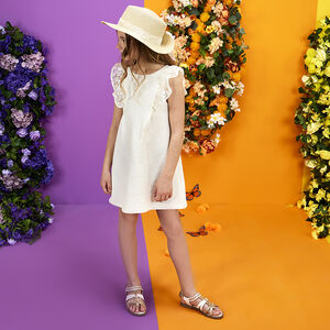 Vestido de ceremonia en jacquard con mangas bordadas para niña 