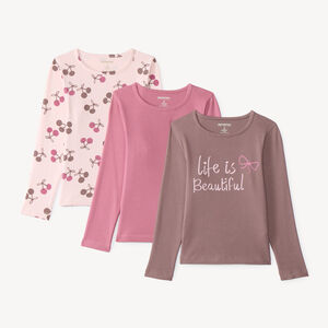 Conjunto de 3 camisetas de manga larga para niña, lisas y estampadas. 