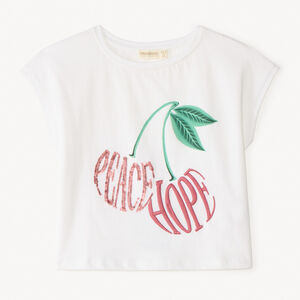 Camiseta de manga corta con diseño de cereza bordado y con lentejuelas para niña. 