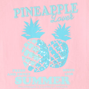 Camiseta de manga corta con estampado de piña, bordado y brillantes niña. 