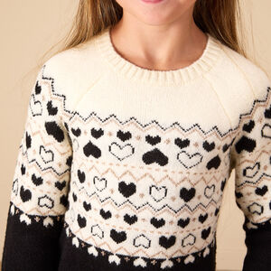 Vestido de punto jacquard con lurex y estampado de corazones para niña. 