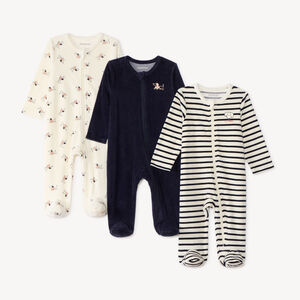 Conjunto de 3 pijamas para bebé niño de terciopelo con cremallera y estampado de dachshund. 
