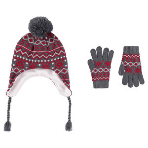 Conjunto de gorro peruano con forro polar y gantes con dibujo de jacquard 